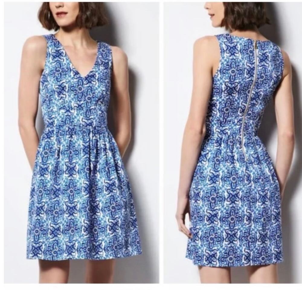 Milly For Design Nation cotton Italia Geometric Blue White Print mini Dress 10